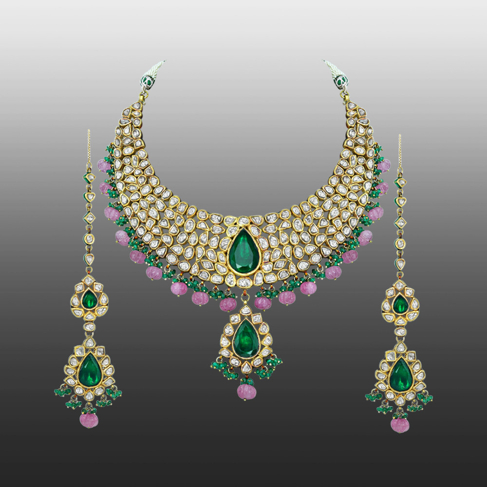 Polki Diamond Necklace Set with Green Stone and Pink Beads